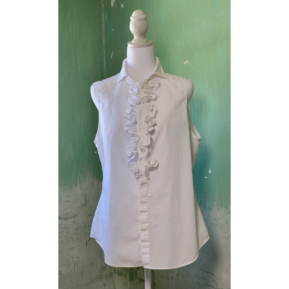 Polo Ralph Lauren Women 14 White Ruffle Front Sleeveless Cotton Button Down Shir - Picture 3 of 8